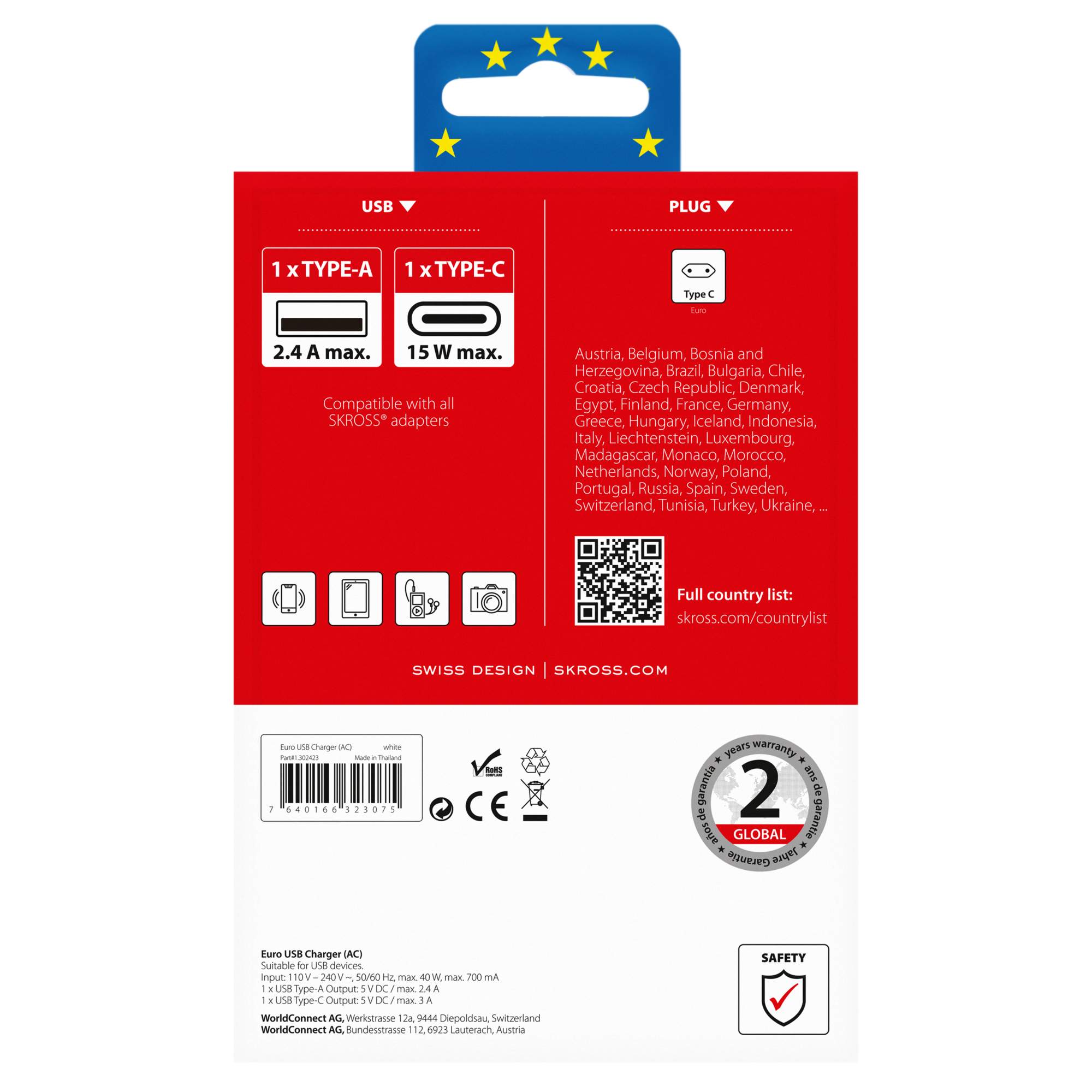 SKROSS EURO USB CHARGER A/C - Reisestecker