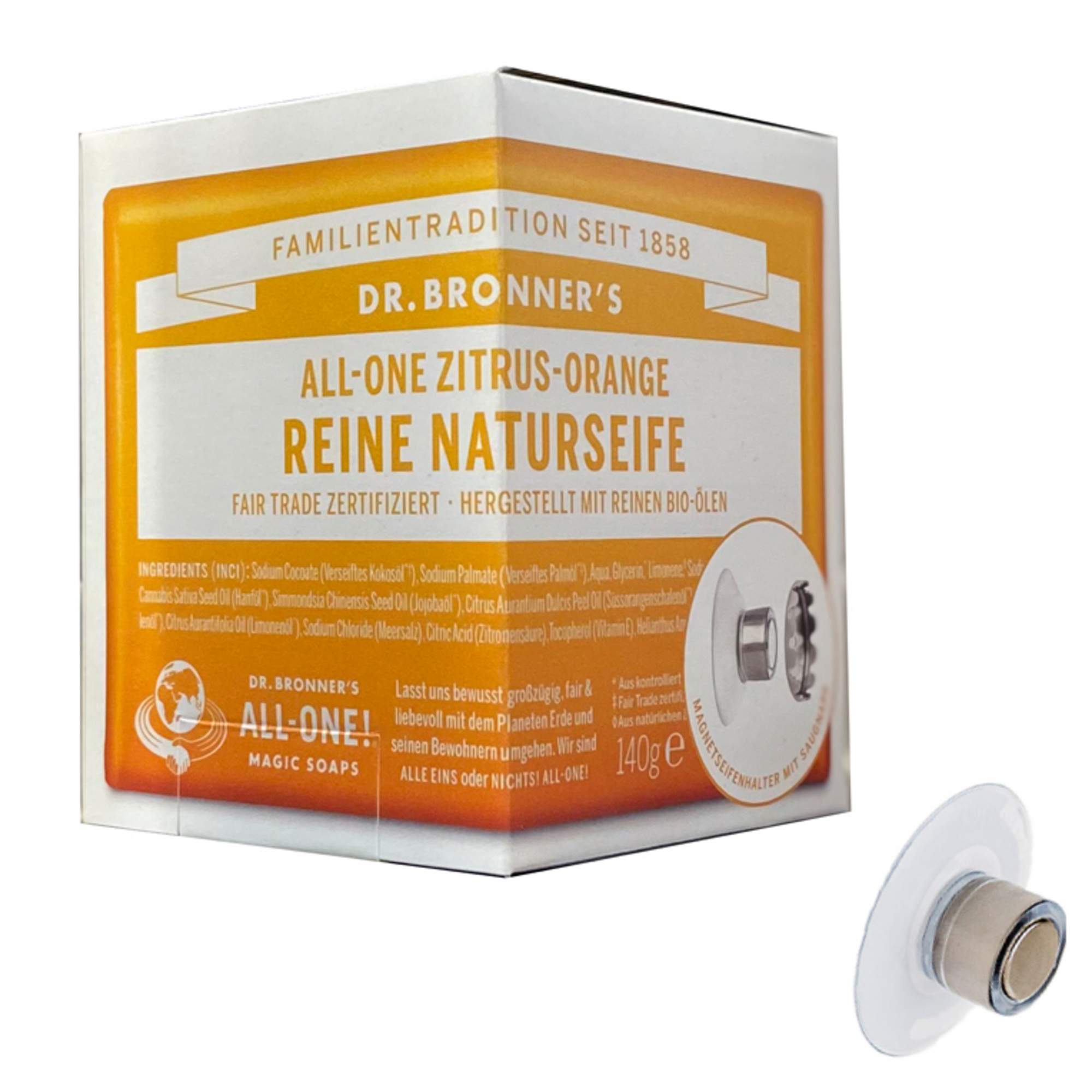 DR. BRONNER\'S SET- MAGNETSEIFENHALTER PLUS STÜCKSEIFE ZITRONE-ORANGE - Outdoor Seife