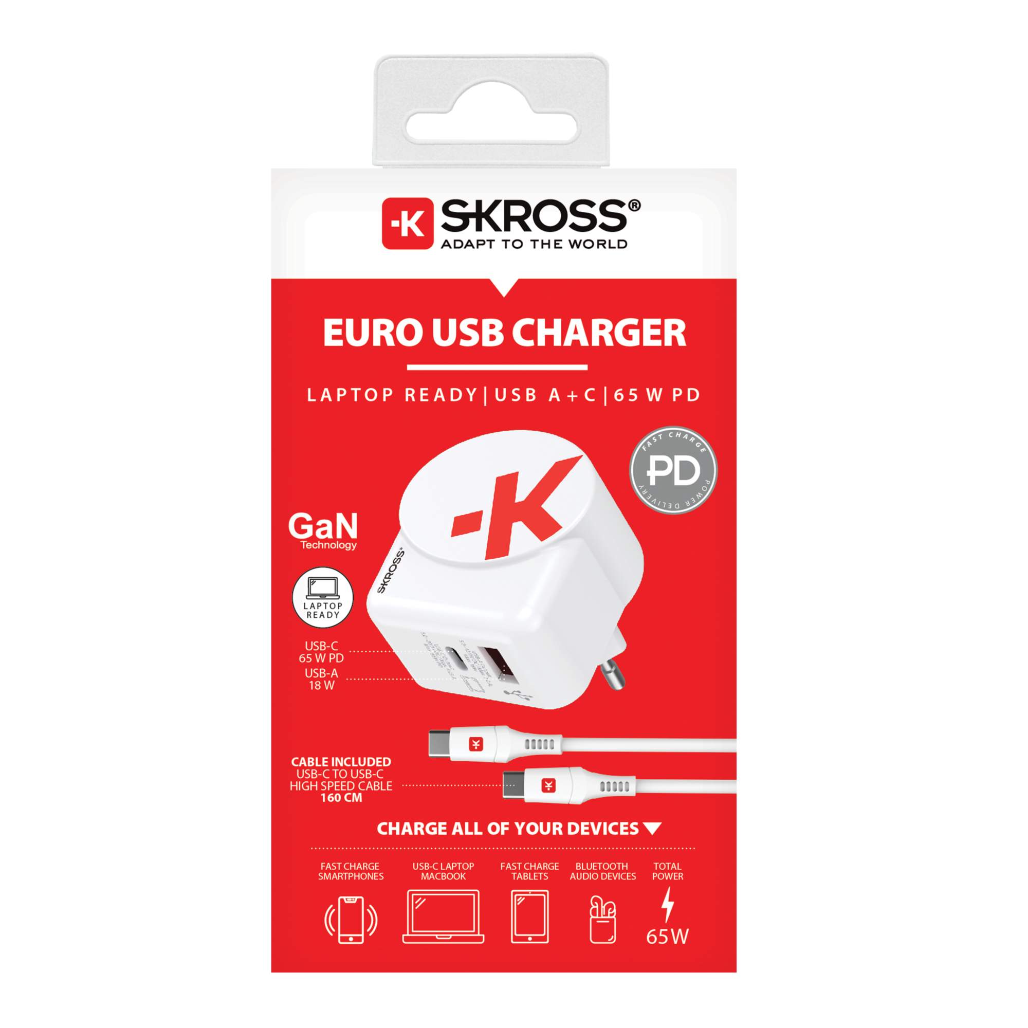 SKROSS EURO USB CHARGER AC65PD WITH USB-C CABLE - Reisestecker
