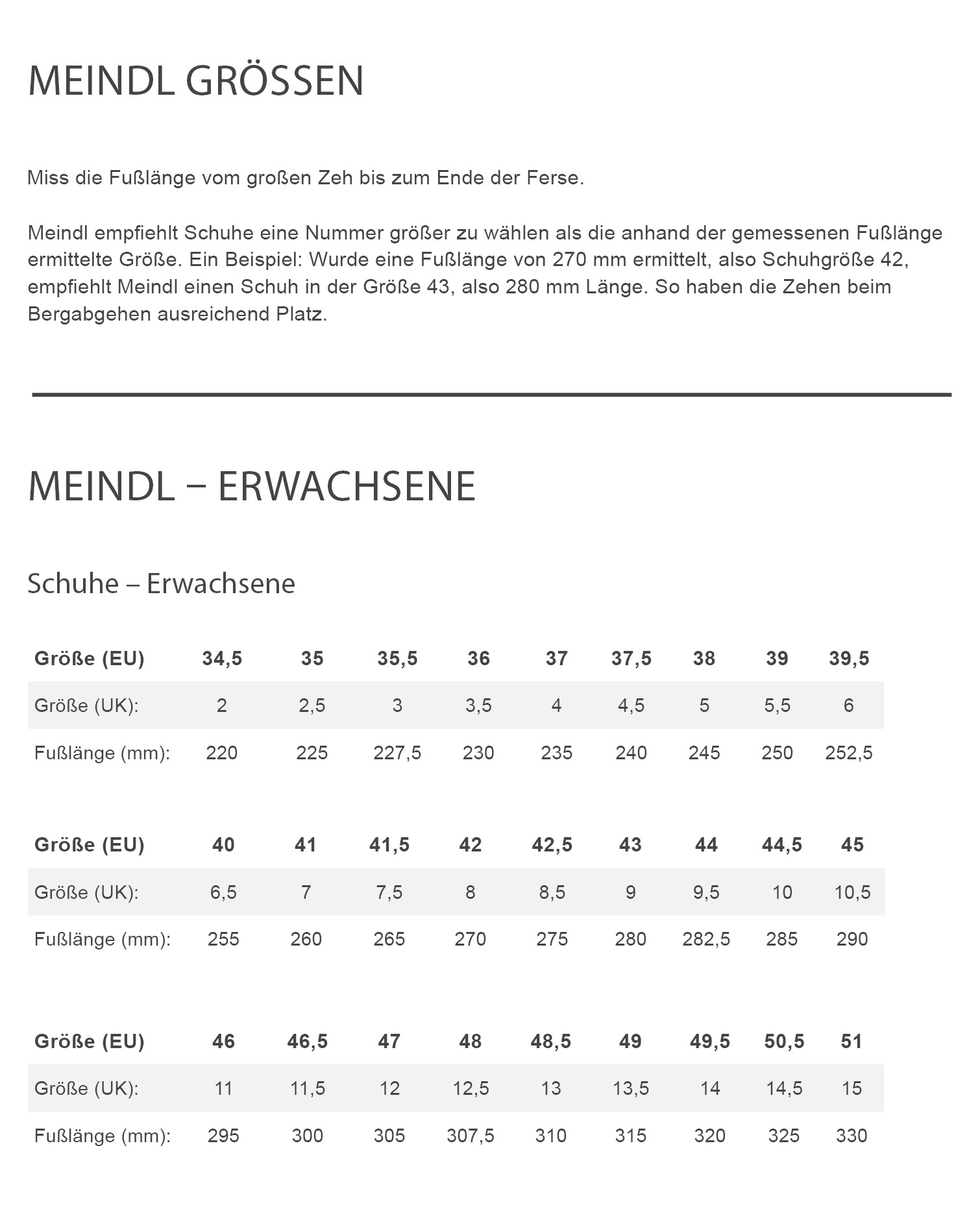 Meindl VAKUUM LADY ULTRA Damen - Wanderstiefel Größentabelle