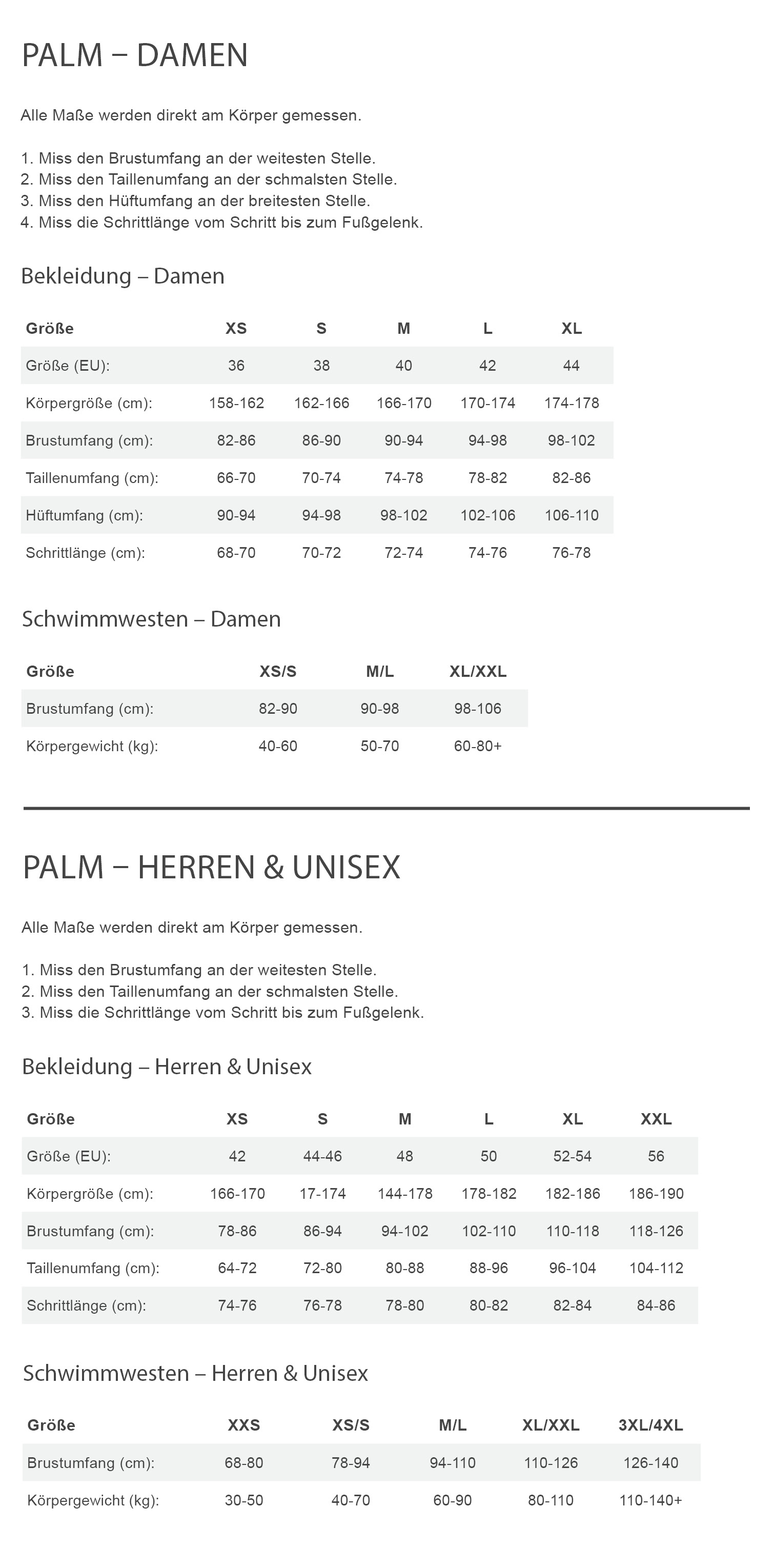 Palm POP JACKET Unisex - Paddeljacke Größentabelle