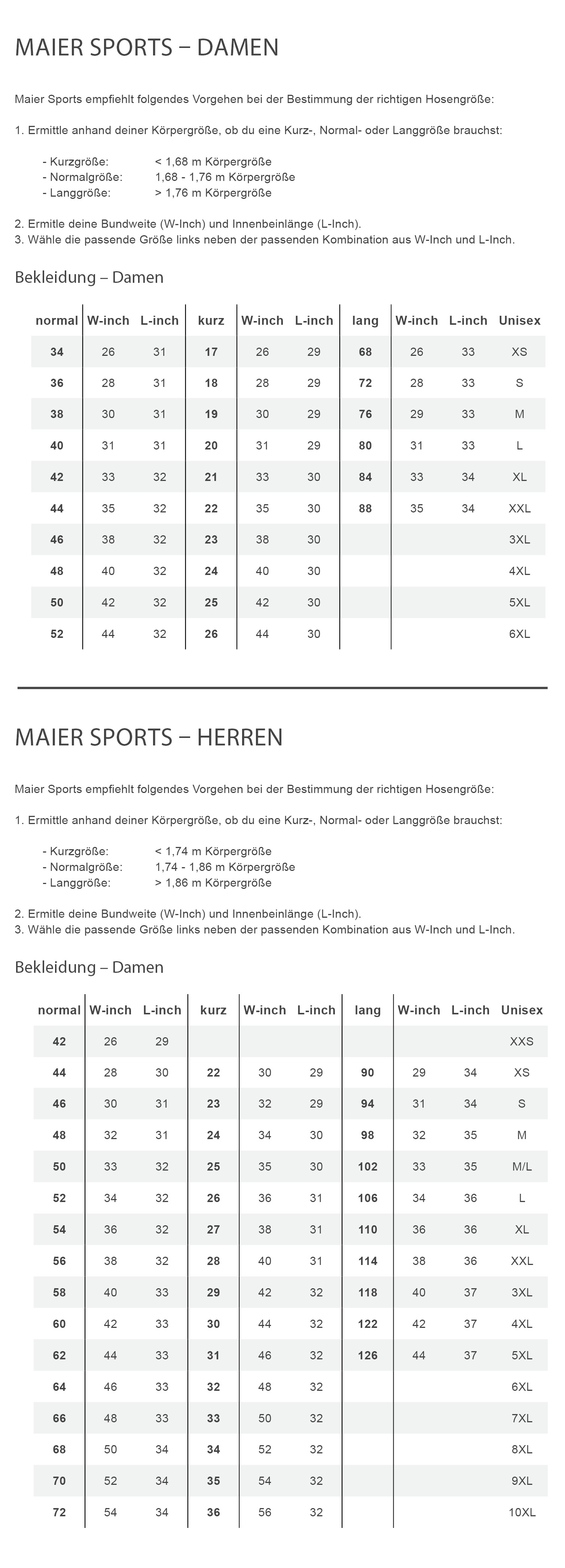 Maier Sports LULAKA WOOL Damen - Trekkinghose Größentabelle