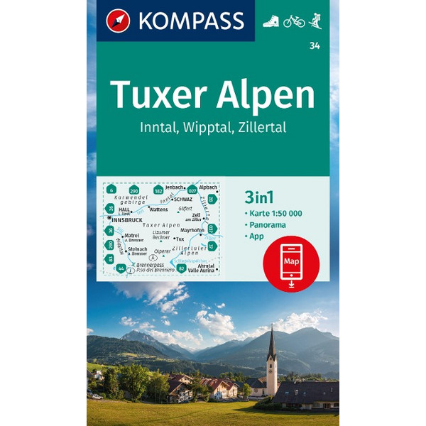 KOMPASS WANDERKARTE 34 TUXER ALPEN, INNTAL, WIPPTAL Ansicht 1