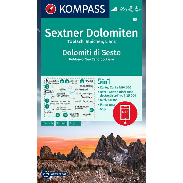 KOMPASS WANDERKARTE 58 SEXTNER DOLOMITEN, TOBLACH, INNICHEN Ansicht 1