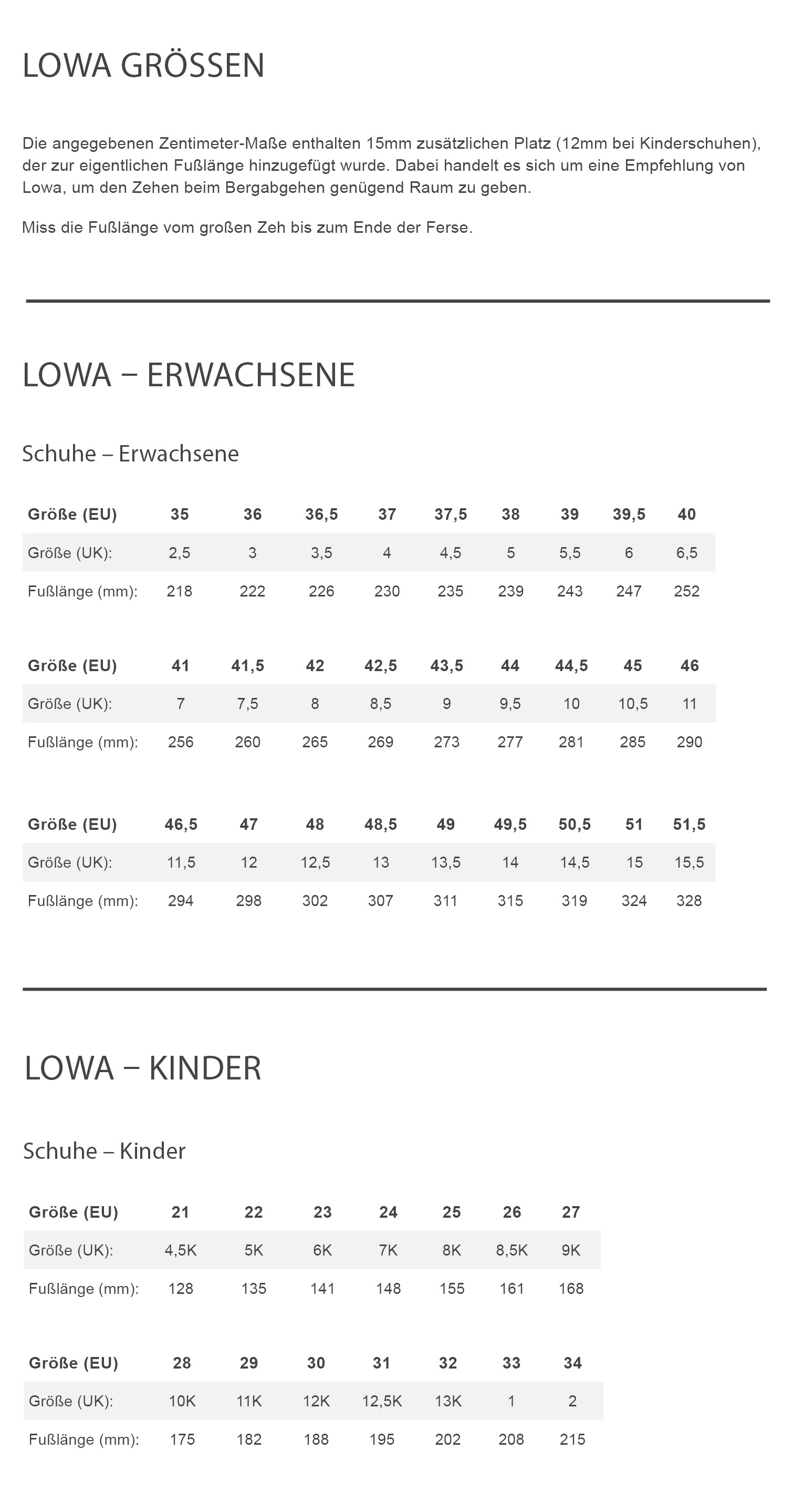 Lowa LAVENA EVO GTX WS Damen - Trekkingstiefel Größentabelle