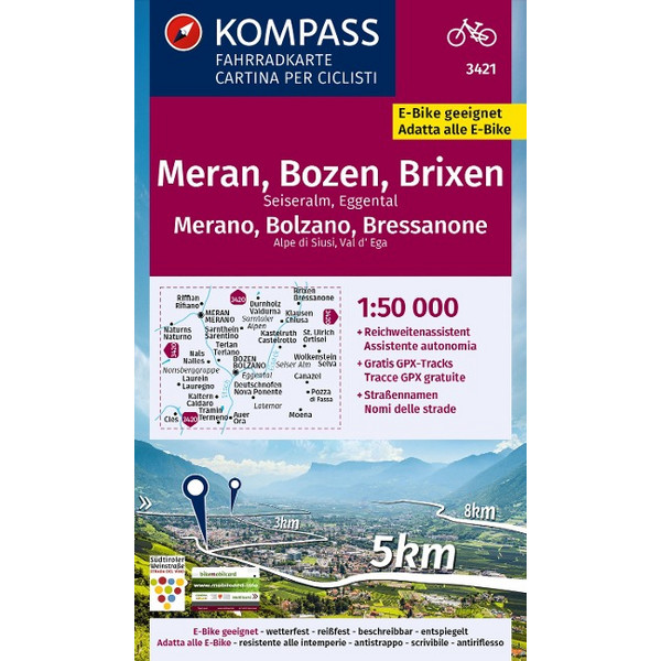 KOMPASS FAHRRADKARTE 3421 MERAN, BOZEN UND UMGEBUNG 1:50.000 Ansicht 1