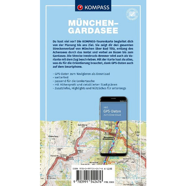 KOMPASS FAHRRAD-TOURENKARTE MÜNCHEN - GARDASEE VIA BRENNER Ansicht 2