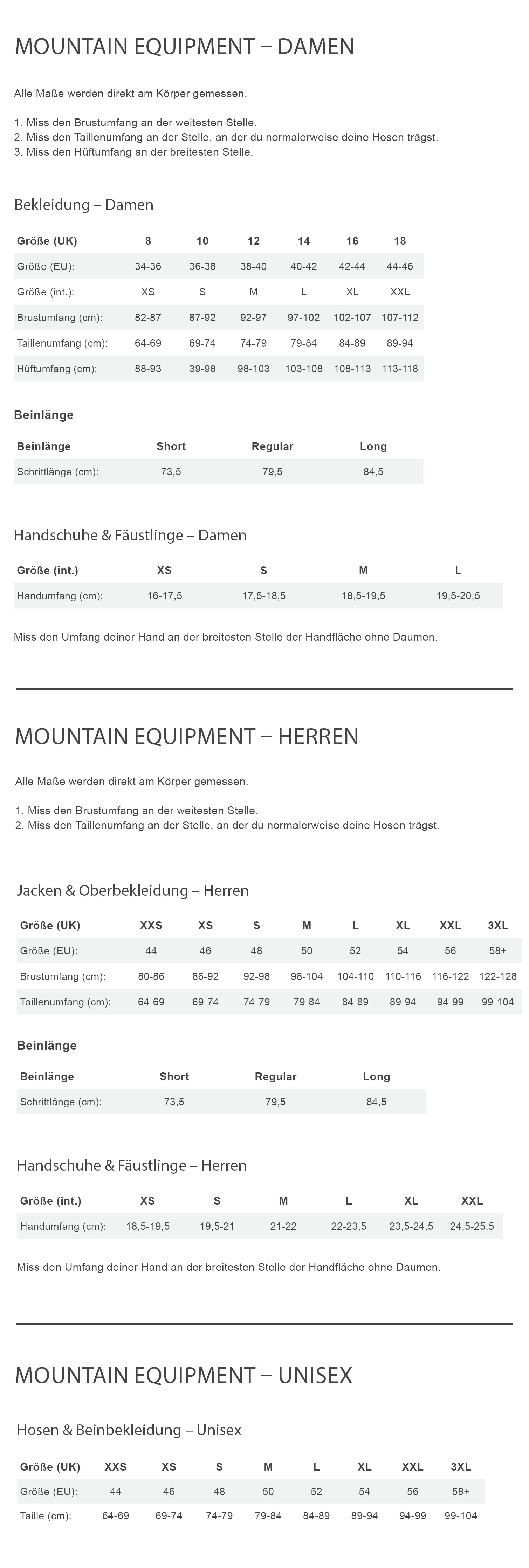 Mountain Equipment GLACIER 300 REGULAR Damen - Daunenschlafsack Größentabelle