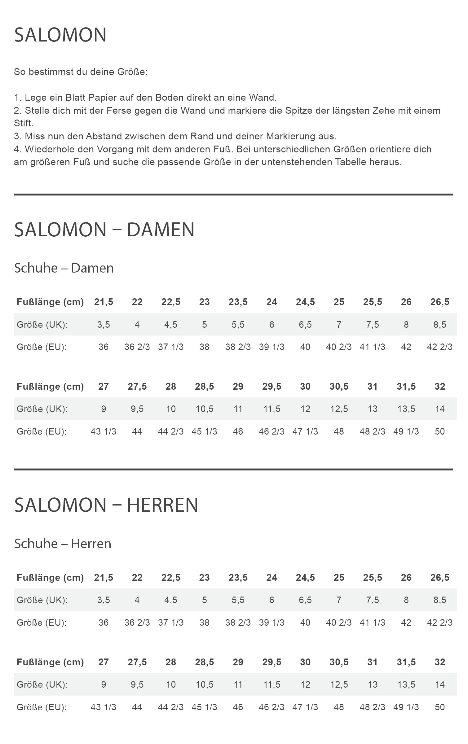 Salomon QUEST ECHO GORE TEX Herren - Wanderstiefel Größentabelle