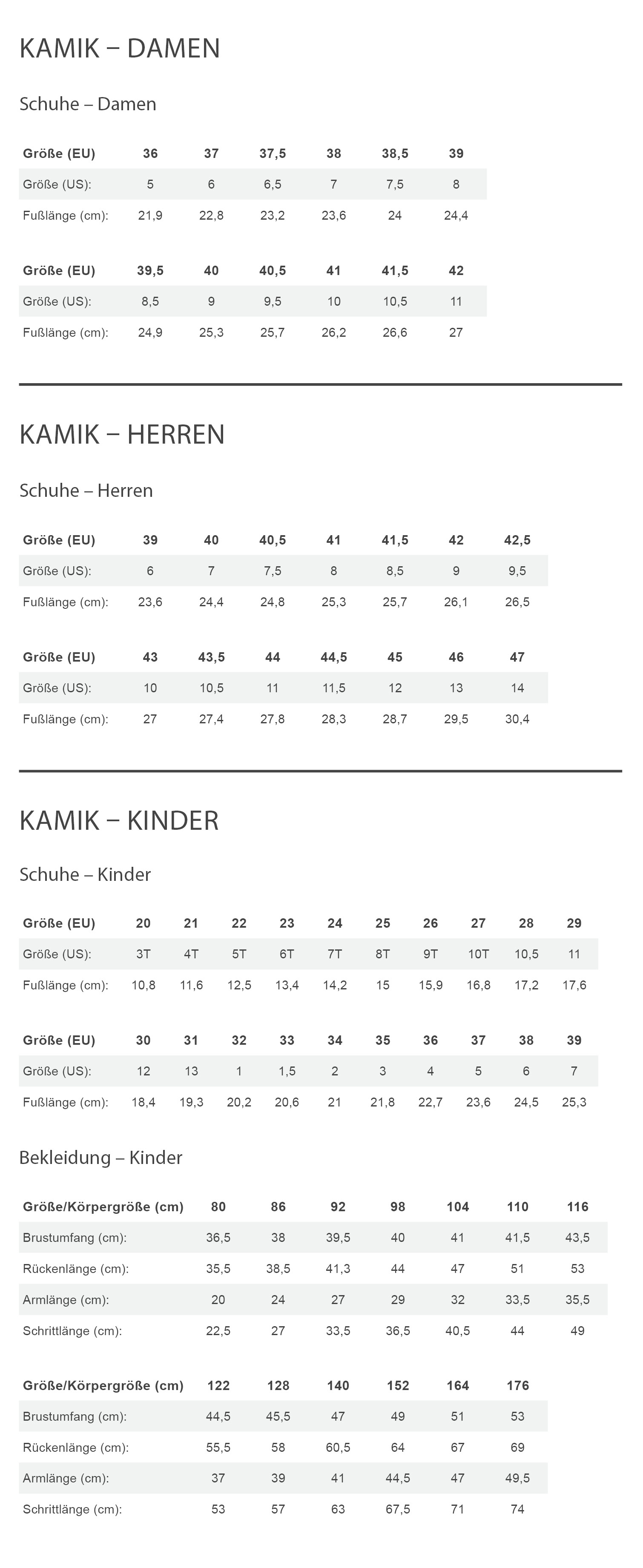 Kamik STOMP Kinder - Gummistiefel Größentabelle