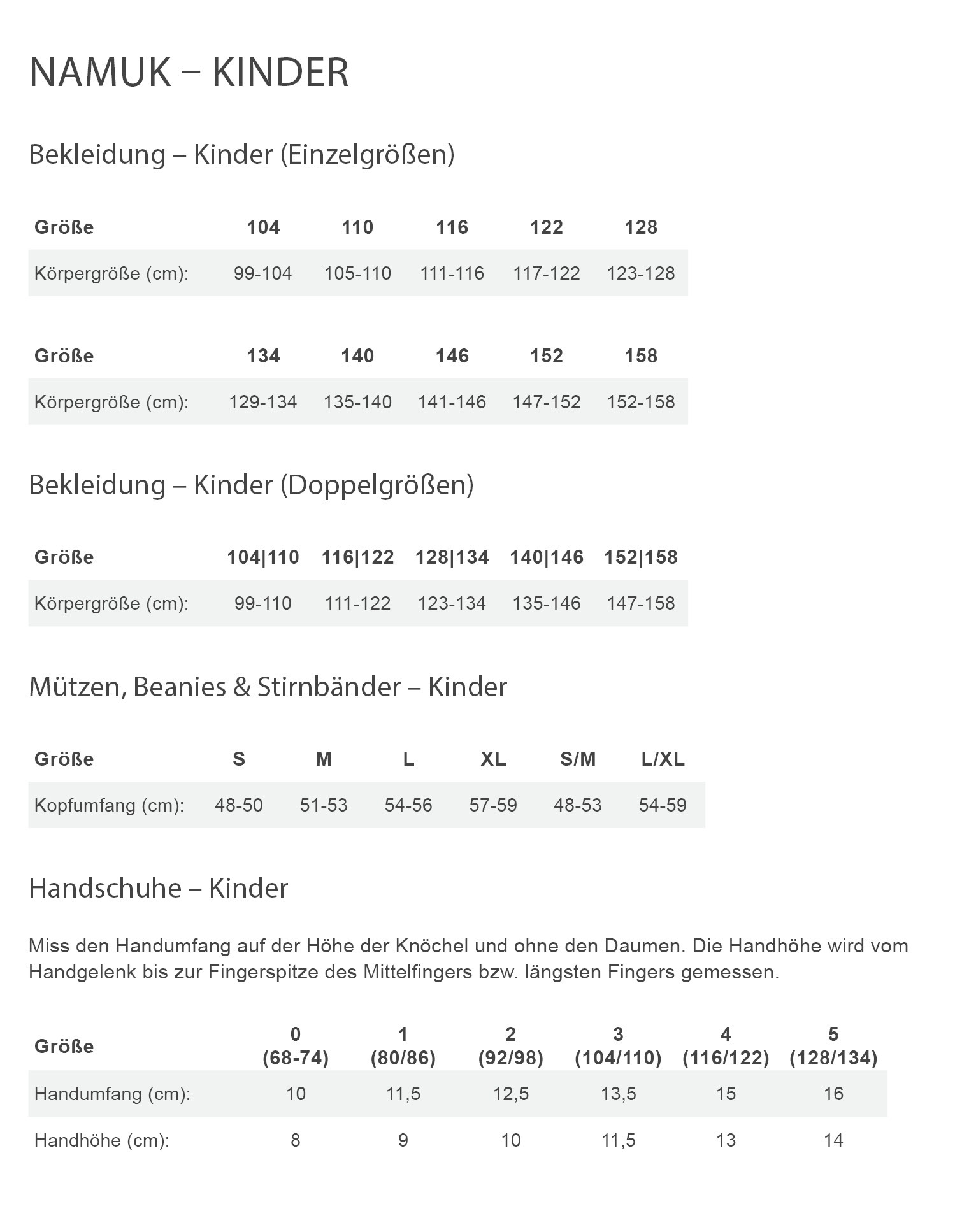 Namuk QUEST SNOW OVERALL 'SENSO' Kinder - Schneeanzug Größentabelle