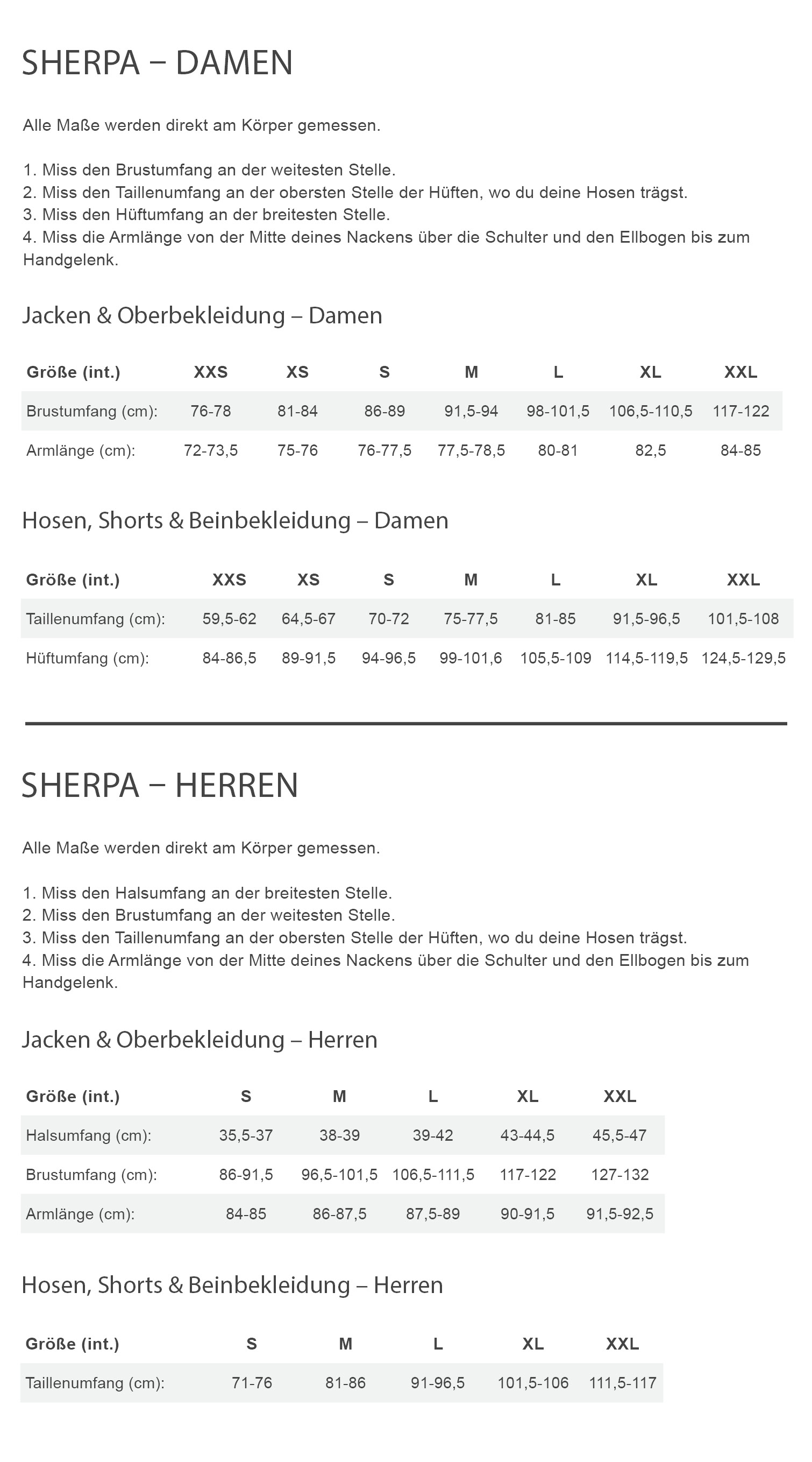 Sherpa BALI TEE Herren - T-Shirt Größentabelle