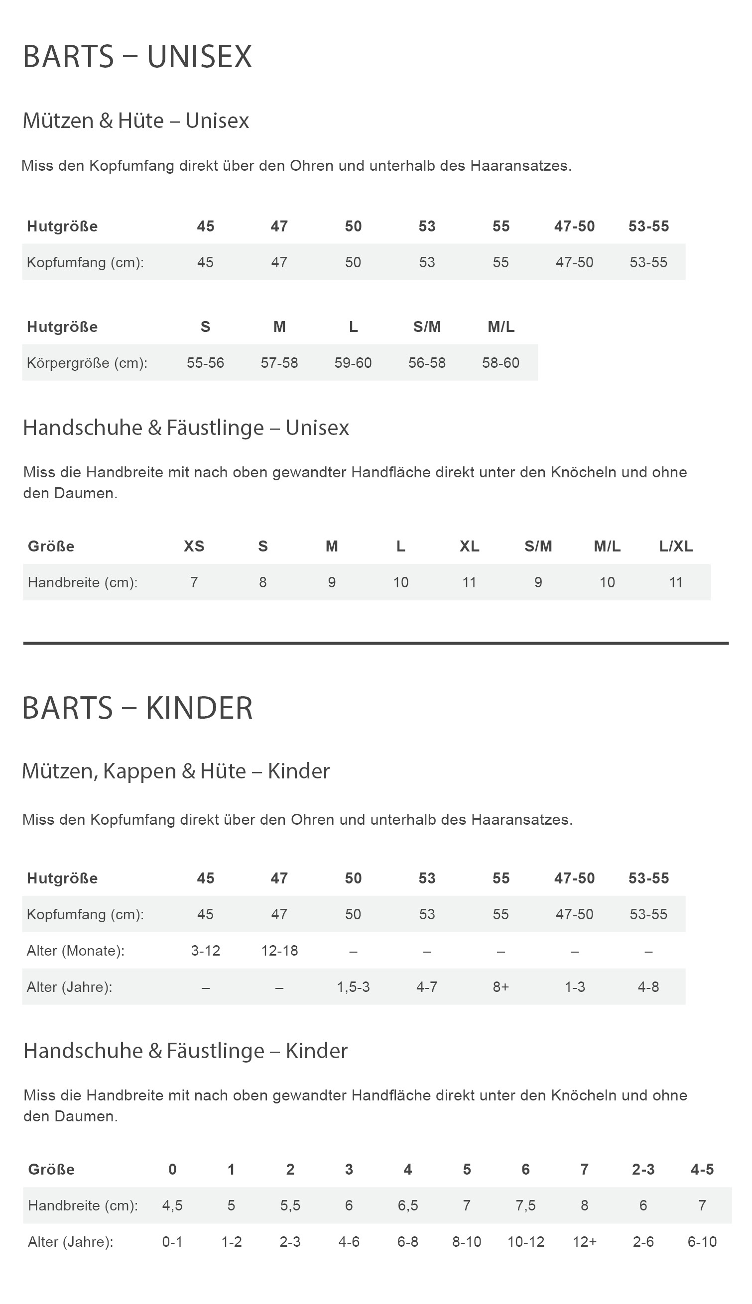 Barts TEDDY MITTS Damen - Fausthandschuhe Größentabelle