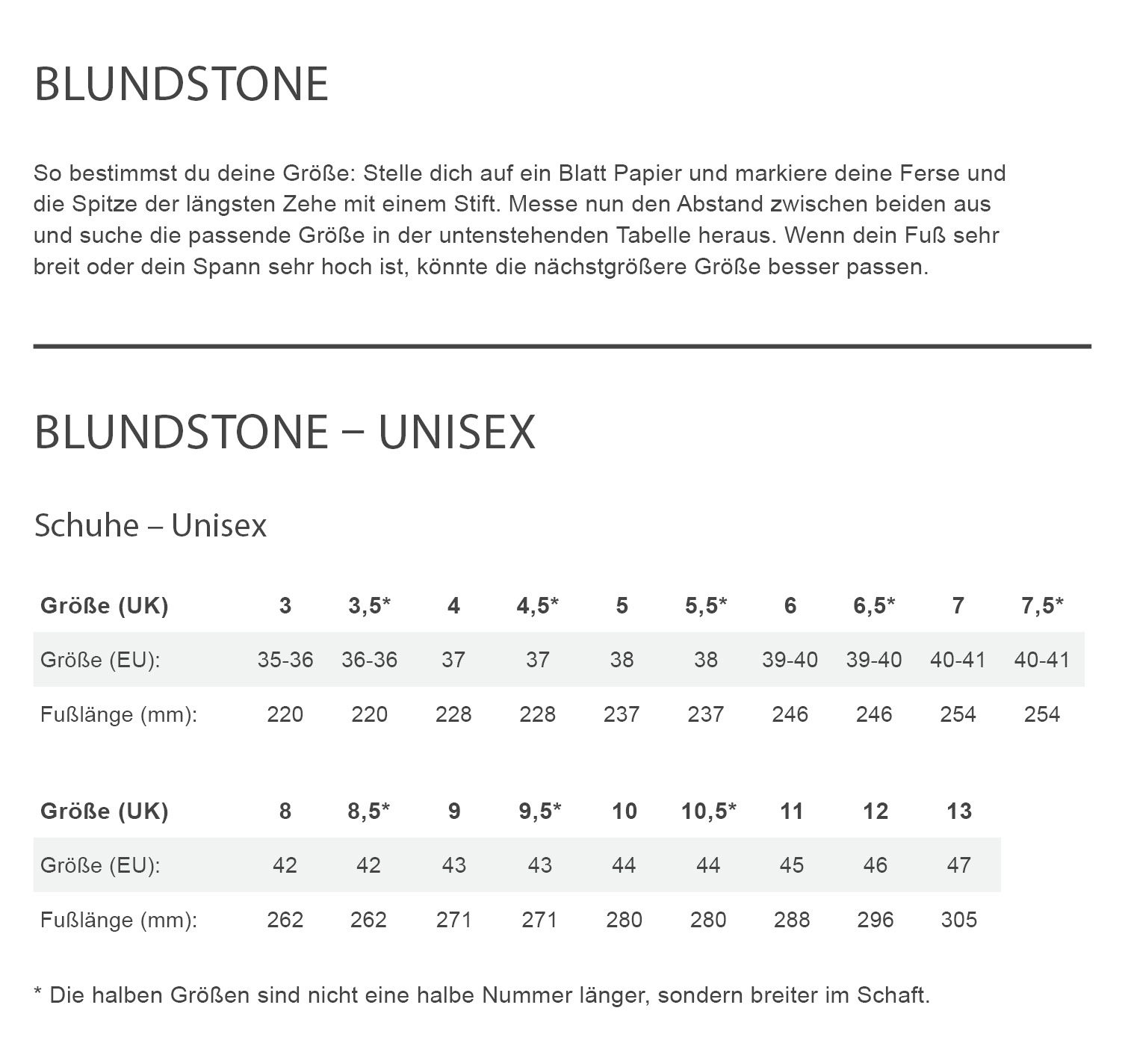 Blundstone 1468 Kinder - Freizeitstiefel Größentabelle